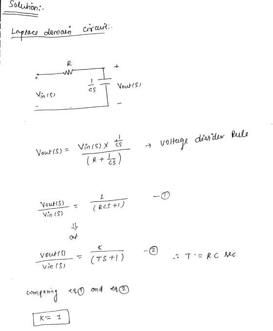 Solution:- Laplace domain circuit: Voutis) Vin iso divider Rule Viols) . voltage Vout(s) = TR+test Noutes) - Voutis) Vin (5)