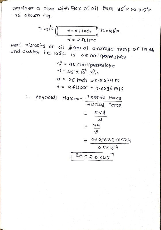 consider a pipe with flow of oil from 9598 60 10500 as shown fig. T1=95F ( d=0.6 inch T2=10598 N = 2 ft/sec Here viscosity of
