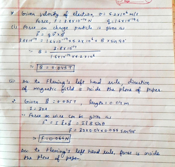 Page on Given velocity of election, o = 5.2x100 m/s force, f: 3.8x10-14 N q=1.6x10190 (is force change particle is given a qb