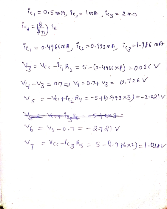 ięy = 0.5 mm, ie,= Ima , lez = 2MA ie, = 0.4966MA, ic, = 0.993ma, i2=1.986 mA V = Vccic, R = 5-(0.496688) = 0.026 V Ny-Ug = 0