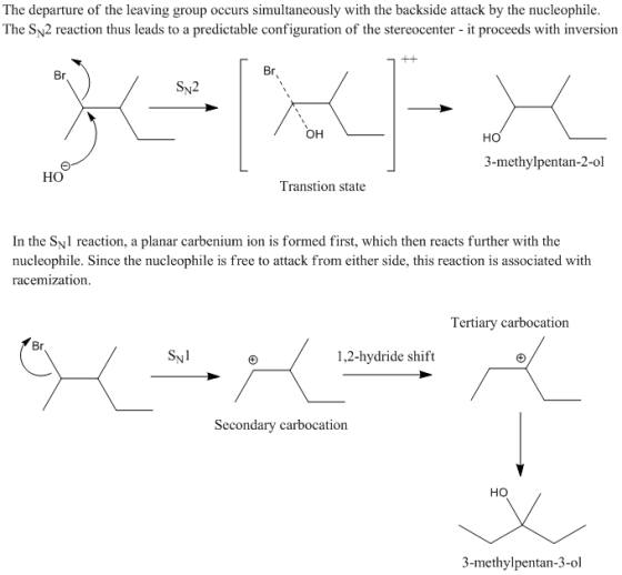 The departure of the leaving group occurs simultaneously with the backside attack by the nucleophile. The SN2 reaction thus l