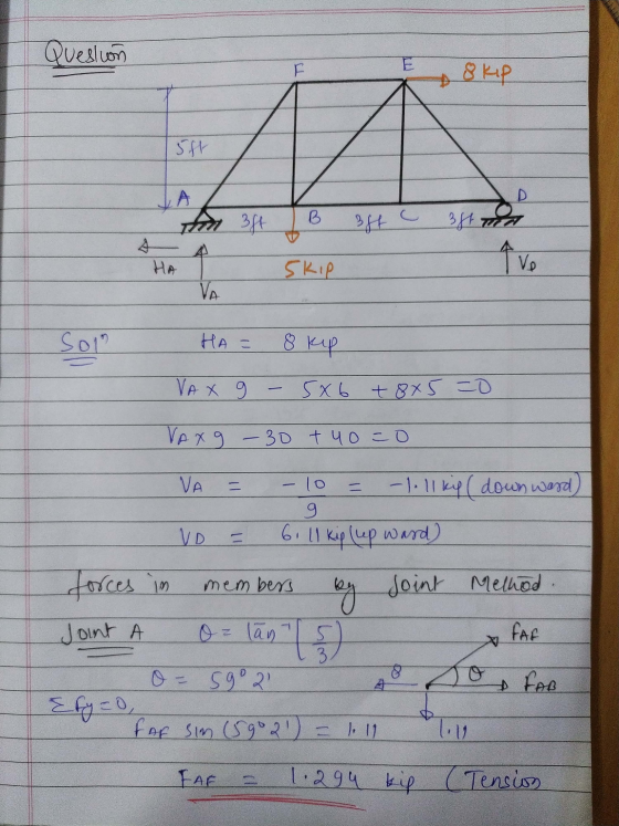 Question E * 8 kip 5t JA D B Thin 3ft 3st C 35t tud HA Skip I ve VA Sol HA= 8 kip VAX 9 5x6 + 8x5=0 VAX 9 -30 +40=0 VA = -1.1