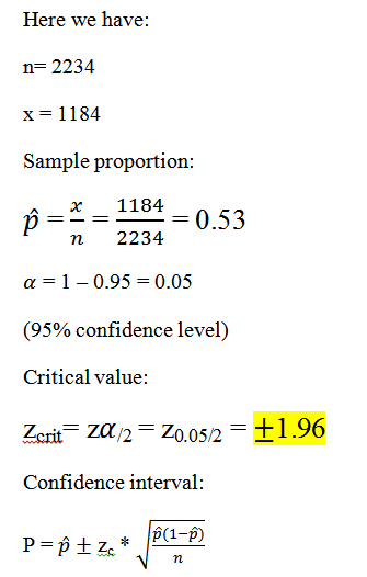 Here we have: n=2234 x= 1184 Sample proportion: 1184 > = 0.53 n 2234 a = 1 -0.95 = 0.05 (95% confidence level) Critical value