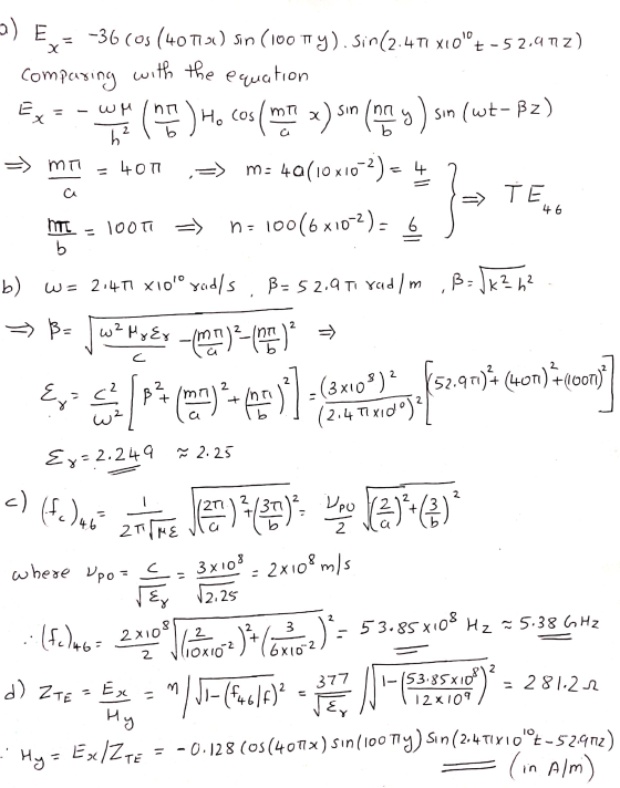 3) Erz-36 (os (407720) Sin (100 ty). sin(2.4 T1 x10 +- 52,9772) comparing with the equation Ex = - who ) Ho cos (m Tl x) sin
