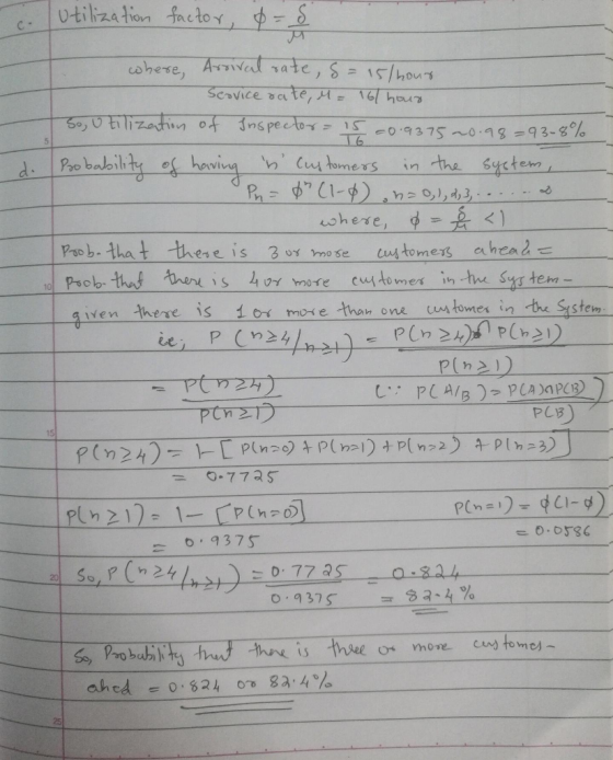 utilization factor, p=5 where Arrival rate, s= 15/hour Scovice rate, M = 161 hour 3o, utilization of Inspector 15 20.9375 20.
