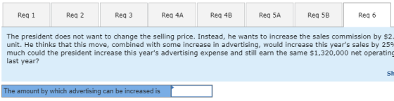 Req 1 Reg 2 Reg 3 Req 4A Req 4B Reg 5A Req 5B Reg 6 The president does not want to change the selling price. Instead, he want