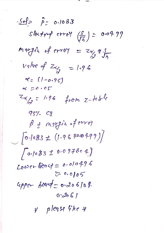 Selo P= 0.1063 Stara goal erroy C) = 0.0999 margin of error = Zal, a Ja value of Zelig 2 1996 ofa (1-0.95) x 20.05 Zd/2= 1.96