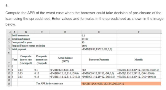 Compute the APR of the worst case when the borrower could take decision of pre-closure of the loan using the spreadsheet. Ent