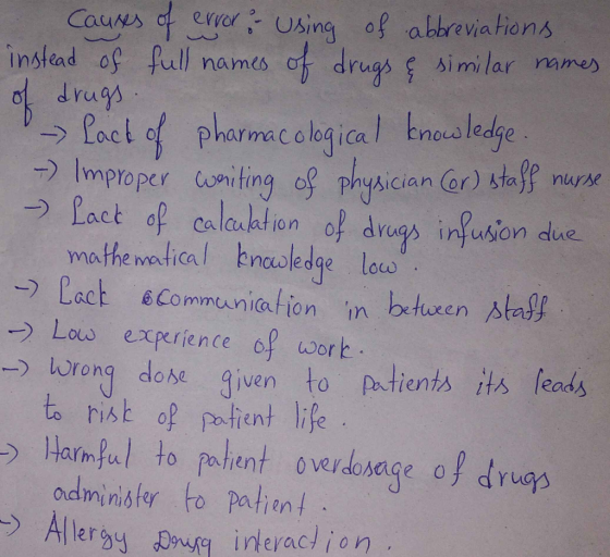 of drugs Causes of error - Using of abbreviations instead of full names of drugs & similar names lack of pharmacological know