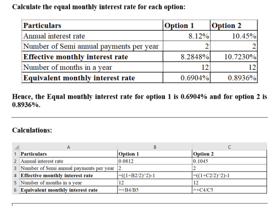 Calculate the equal monthly interest rate for each option: Option 1 8.12% Option 2 10.45% 2 Particulars Annual interest rate