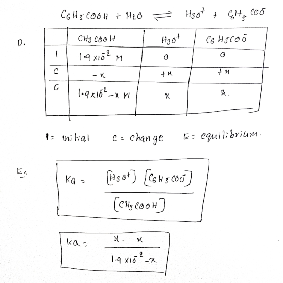Colto cooH + H₂O H3ot + Gite Coo D. Hoot CG Hgco CH3COOH loq x102 0 M tu tu E loqx102x M a. N to initial C- Change E: equilib