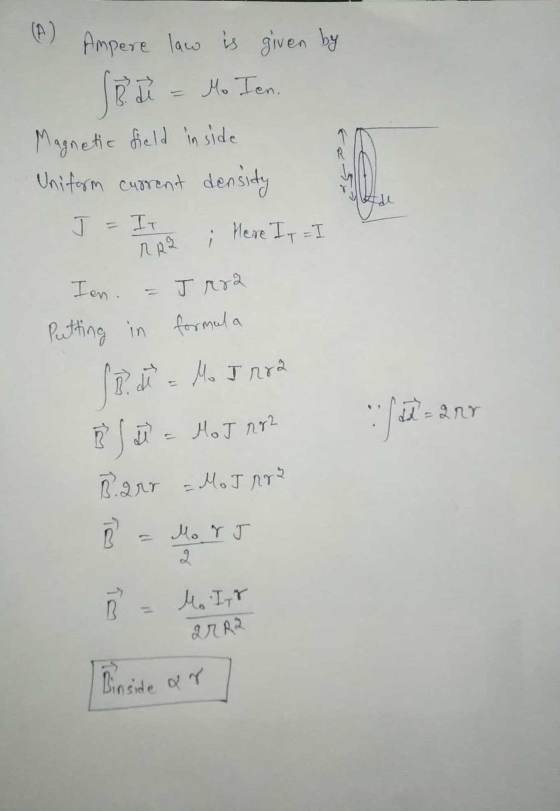 Ampere law is given by Sed = Mo Ten. Magnetic field inside Uniform current density J = IT ; Here It I RR2 Ien. Jrra Putting i