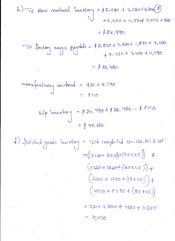 b)To Raw matorial = $2,120 4- 3,3201 2,a0o +4,450+ 4,7304 3,450 +q20 = $24,190. fariny wags poyebe = $ 2,830 + 3, 80-+ 1,870+