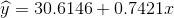\widehat{y}=30.6146+0.7421x