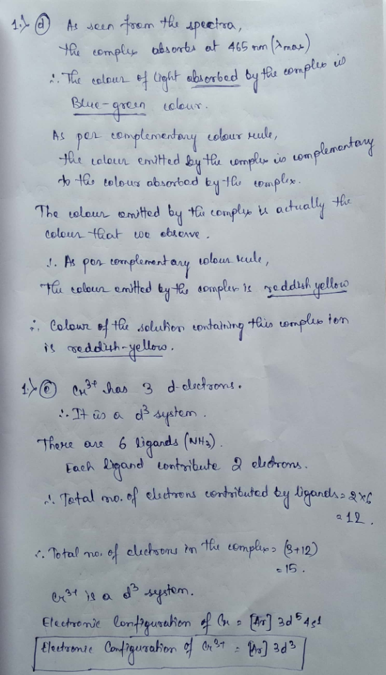 ea of the complex is 1.7 @ As seen from the spectra, the complex absores at 465 cm (max) . The colour of light absorbed by th