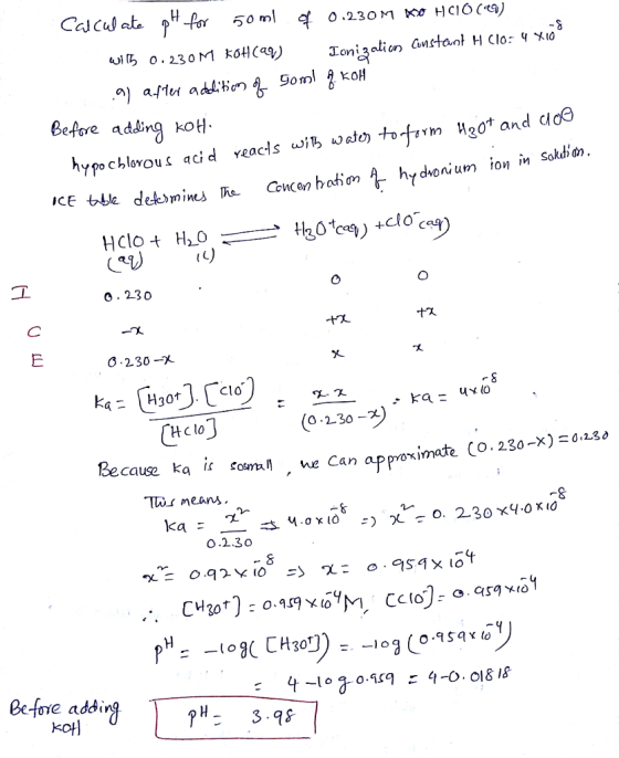 Befve adding koH lsw;ち๑๘の·h-fiin u3gt and doe h Y Po chlorous acid Yeac 0.230 0-2.30-X Hcto (0-2.30-2) 0.2.30 cause ka i osm,
