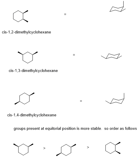 cis-1,2-dimethylcyclohexane cis-1,3-dimethylcyclohexane cis-1,4-dimethylcyclohexane groups present at equitorial position is