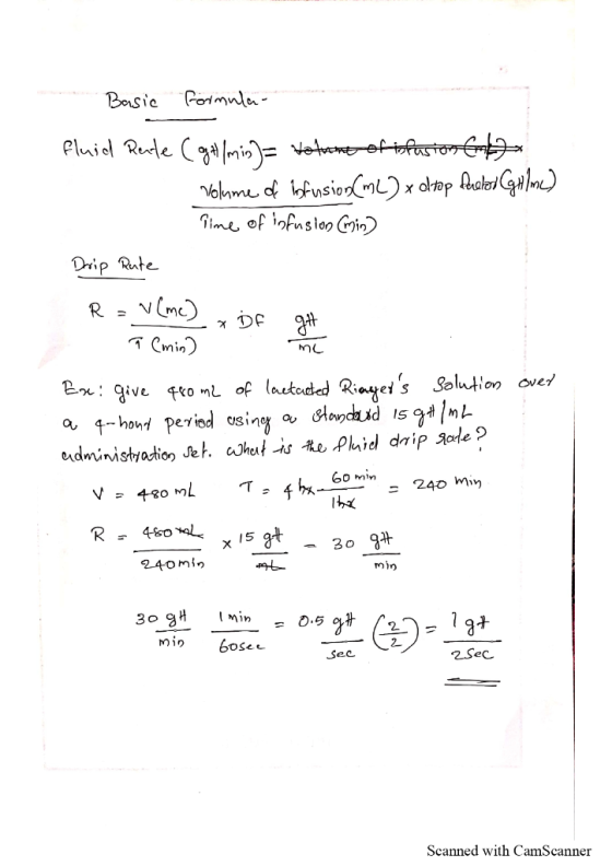 Basic formula fluid Reute (g/min)= totune of infusion 2 volume of infusion (mL) x drop facelor (ghlmc) Time of infusion (min)