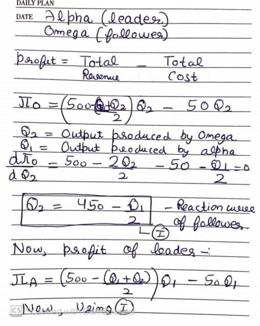 DAILY PLAN Alpha (leaders) Omega (follower) profit Total Total Revenue Cost Jo = 1500-6462) Q2 50 Q2 2 Q2 Output produced by