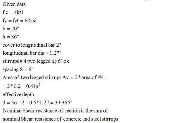 Given data fc = 4ksi fy = fyt = 60ksi b = 20 h = 36 cover to longitudinal bar 2 longitudinal bar dia = 1.27 stirrups #4 t