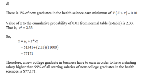 d) There is 1% of new graduates in the health science earn minimum of P (Z > x)-0.01 Value of z to the cumulative probability