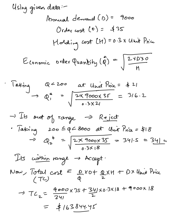 Using given data: Annual demand (o)= 9000 Order cost (o)= $35 Holding cost (H) = 0.3 x Unit Price Economic order Quantity (0)