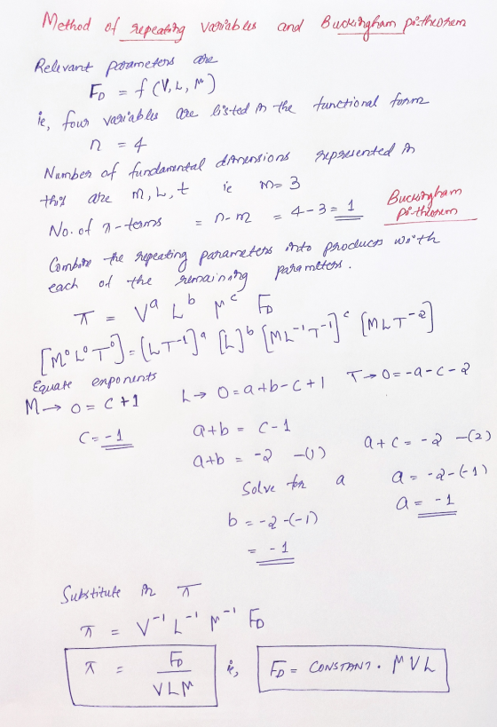 Method of repeating Variables and Buckingham poethesten Relevant parameters are Fo = f (V, L, M it four variables are listed