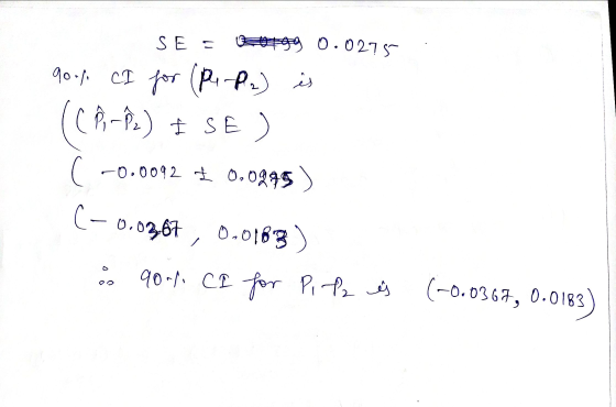 SE = 99 0.0275 90% CI for (P. -P₂) is (CPP) I SE) ( -0.0092 $ 0.0975 ) (-0.0367, 0.0183) 90-1 CI for Pilz is oo (-0.0367, 0.0