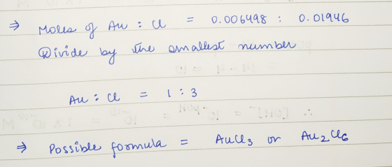 of Mole an :ce = 0.006498 : 0.01946 Divide by the smallest number Alu i ce = 1:3 = Aulla on Auzla - Possible formula