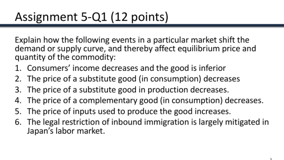 Assignment 5-Q1 (12 points) Explain how the following events in a particular market shift the demand or supply curve, and the