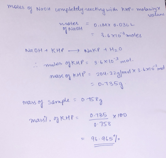 moles of NaOH completely reacting with KHP = molarity x лея - O. IMX 0.036L of NaOH = 3.68103 moles NaOH + KHP - Nakp + H2O i