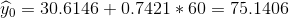 \widehat{y}_{0}=30.6146+0.7421*60=75.1406