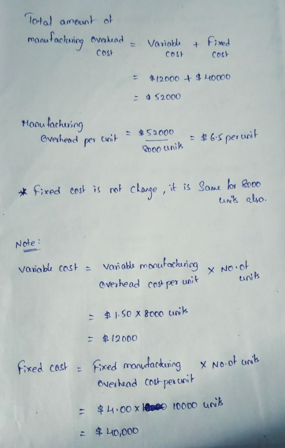 Total amount of manufacturing over hund + Variable cost Fixed Cost Cost $12000 + $ 40000 - 52000 Manufachering $52000 Overhea