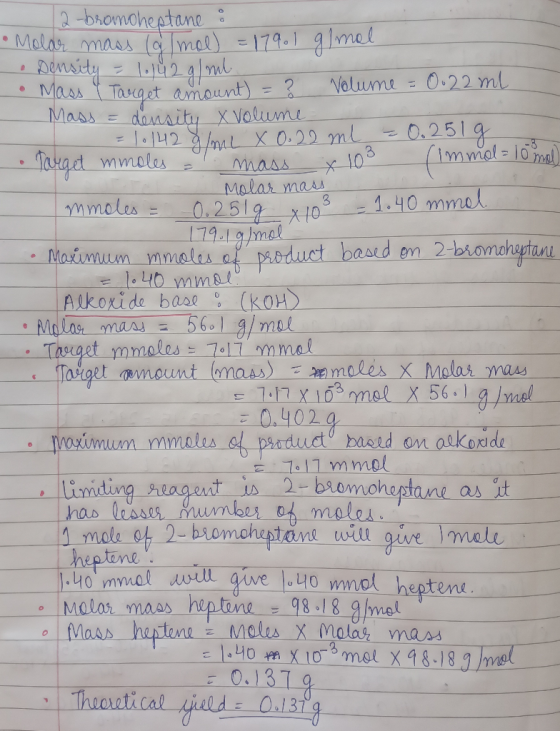 12-bramoheptane : •Molar mass (almal) = 179.1 glmal • Density = 1.142 g/ml • Mass & Target amount) = ? Volume = 0.22 ml Mass