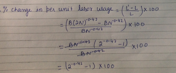 % change in per unit labor usage - / L - L J x 100 = (B. Cando se Banov) x 400 - BA-0442 1 2 042 -1) x100 BN 0042 = (2-0.42 -