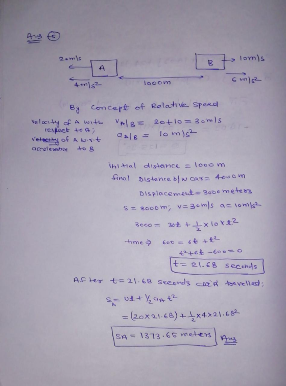2amls 3 4mls- looom By concert et Relati ve spexcl respect to R final Distance b) w cara 40u Displacemet 30oe meters A.F tear七= 21.68 seconds casa ton velled; SA= 1373-6S meters