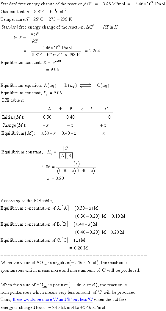 Standard free energy change of the reaction 4Gº = -5.46 kJ/mol = -5.46x109 J/mol Gas constant, R= 8.314 JK-mo1-1 Temperature,