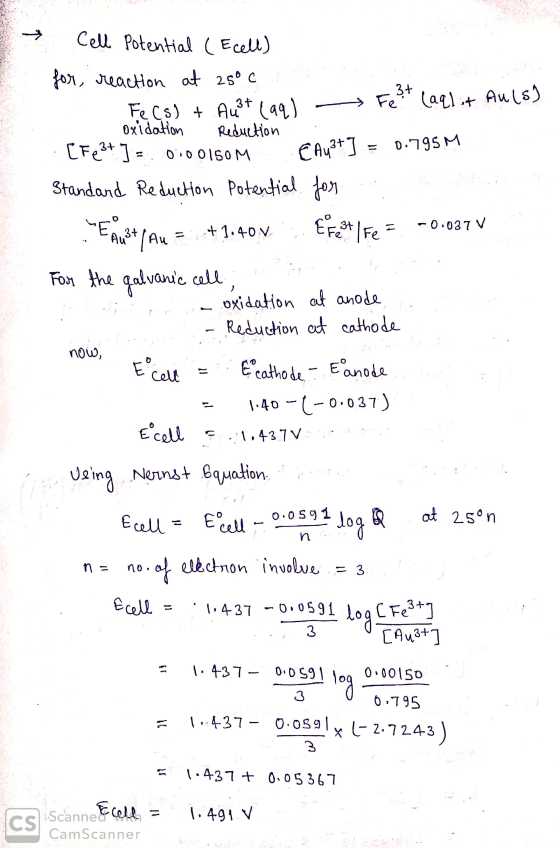 2 Cell potential ( Ecell) for reaction at 25° C Fe(s) + Auat lag) Feet (aqlit Auls) oxidation Reduction lret = 0:00150M C Ay