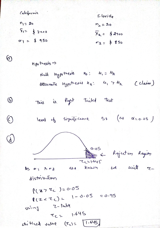 California Florida nos 90 n = 20 1,$3490 Xa = $2900 o = $ 950 r2 = $850 Apothesis - Ho u, = Mg Null Hypothers Alternate Hypo