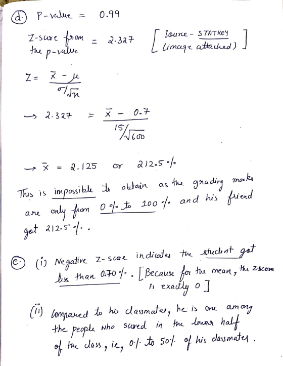 d.) P-value 0.99 Z Z-sure from the p-value 2.327 [ Source - STATKEY limage attacked) Z= x - u s 2.327 = * -0.7 15 shoco 1600