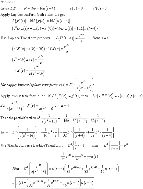 Solution : Gš vex DE : y-16y =16&t -4} {0} = 0 y{0} = 0 Apply Laplace trasform both sides, we get Z{y{t}} -16Z{>{t )} = 16