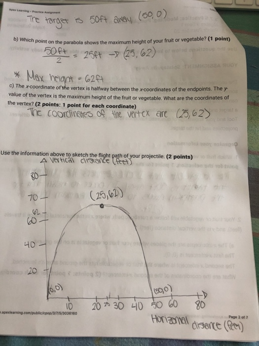(50,0) the target is 50ft away. b) Which point on the parabola shows the maximum height of your fruit or vegetable? (1 point)