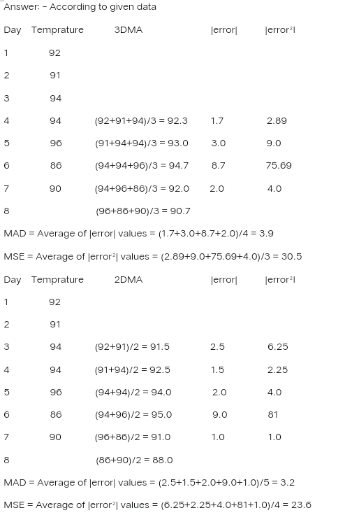Answer: According to given data lerror Day Temprature 3DMA lerror? 1 92 2 91 94 4 94 (92+91+94)/3 92.3 1,7 2,89 = 5 96 (91+94