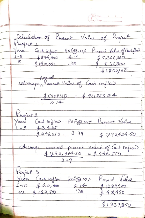 Annual Calculation of Present Value of Project Project Year Cash inflow Puf@10% Present Value of Cach flow 1-8___ $824,000__6