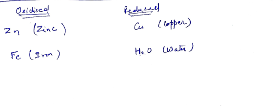 Reduced Cu (lopper) Oxidised zn (zine) E (Iron) H2O (Water)