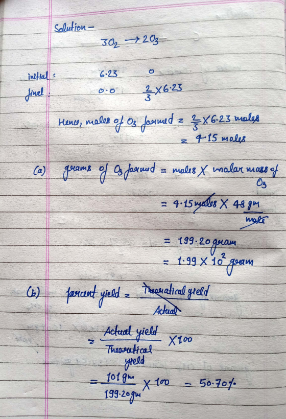 Solution- 302 7203 initial 6.23 0.0 {X6-23 final 3 Hence, moles of Oz formed z 2 X 6.23 moles 4.15 moles muams med = males X