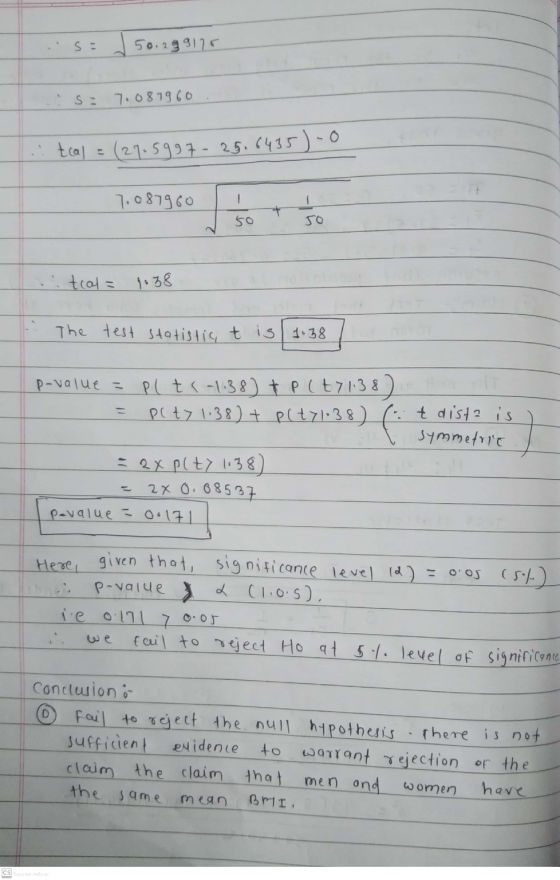 S = 50.299126 S: 76087960 tal = (27.5997-25.6435)-0 - 7.087960 ㅗ ГО 5o itcal = 1038 The test statistic t is 1.38 p-value = Pl