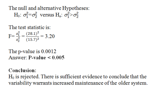 The null and alternative Hypotheses: Ho: 01=02 versus Hz: 01> o The test statistic is: F= * = (25:7)2 = 3.20 The p-value is 0