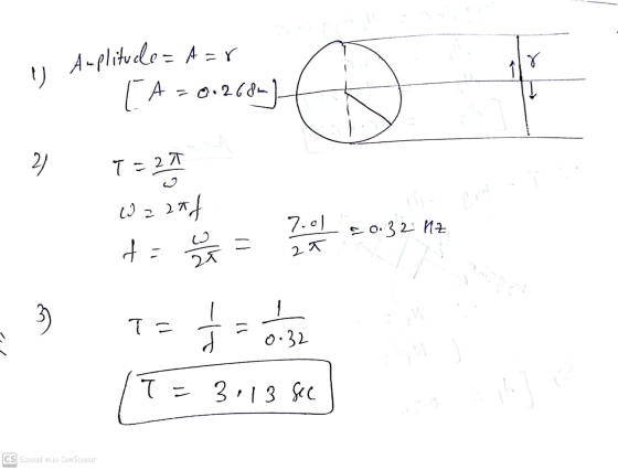 ४ ♡ Amplituele = A=r [A=0.268m) B 2 ) T= C 21 Cm W zaad ta 7.01 2032 Hz u 316 2 T 27 Pri 3 Ta -15 1 0.32 T = 3.13 Sec 11 CS S
