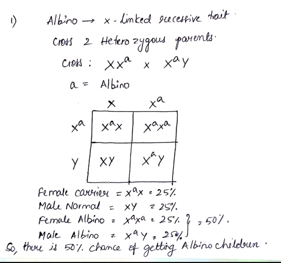 Albino Cross 2 Hetero zygous x-linked recessive trait parents x xey a = Albino Cross ; Xха x xa xx ххо У XY х* Female carrier